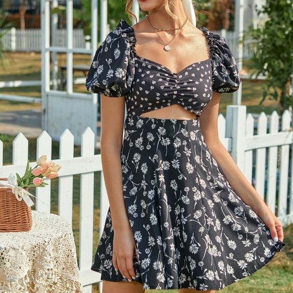 boho floral print black cut out mini dress - Picture 4 of 4